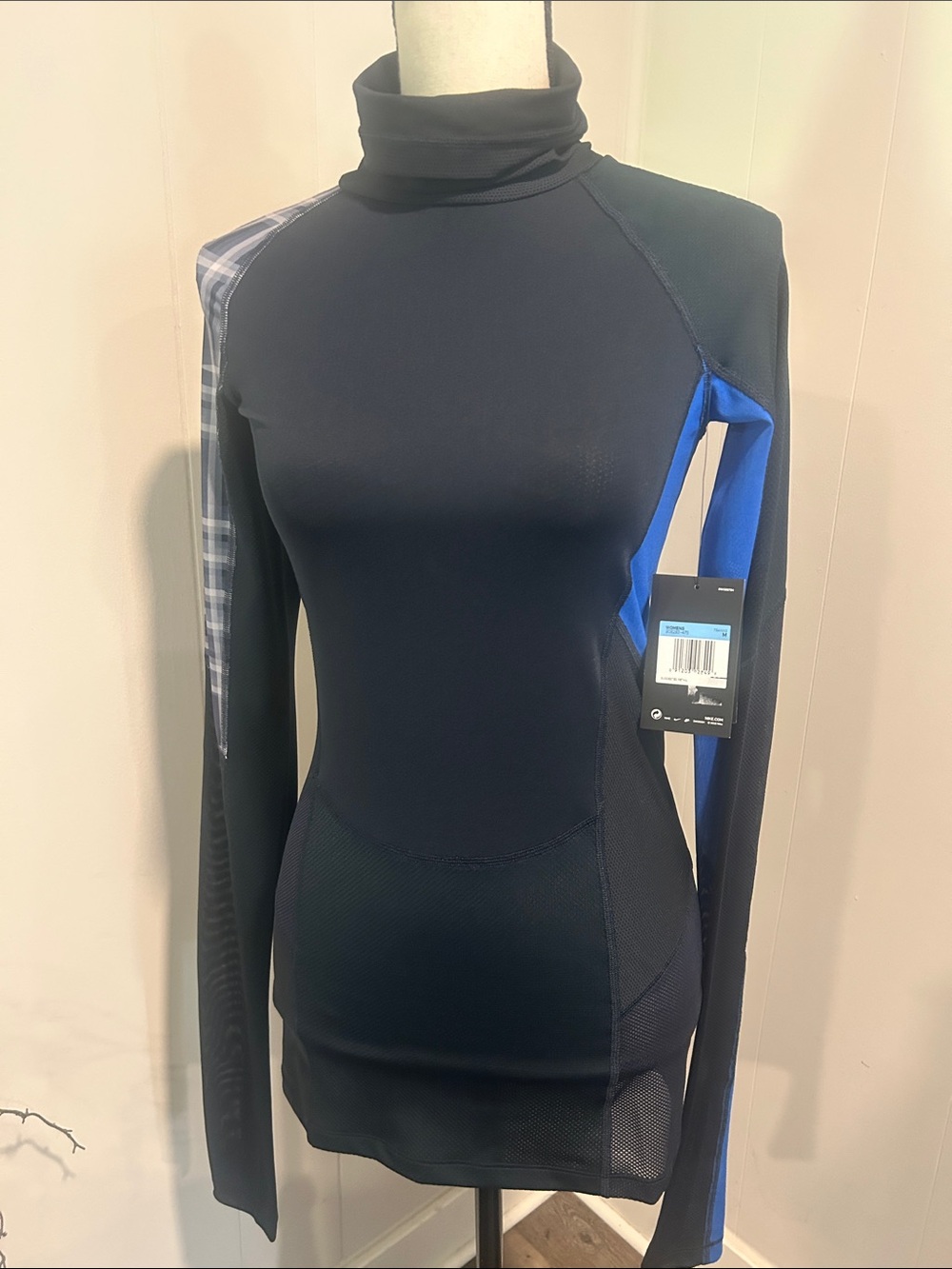Nike Black Long-Sleeve Turtleneck Top with Blue and Plaid Accents